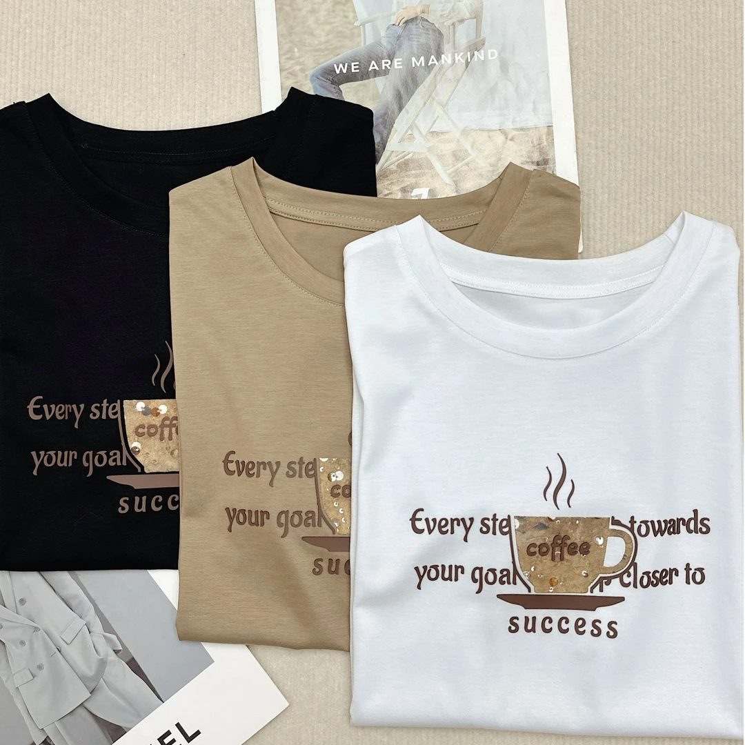 时尚烫珠kF三色印花常规T恤