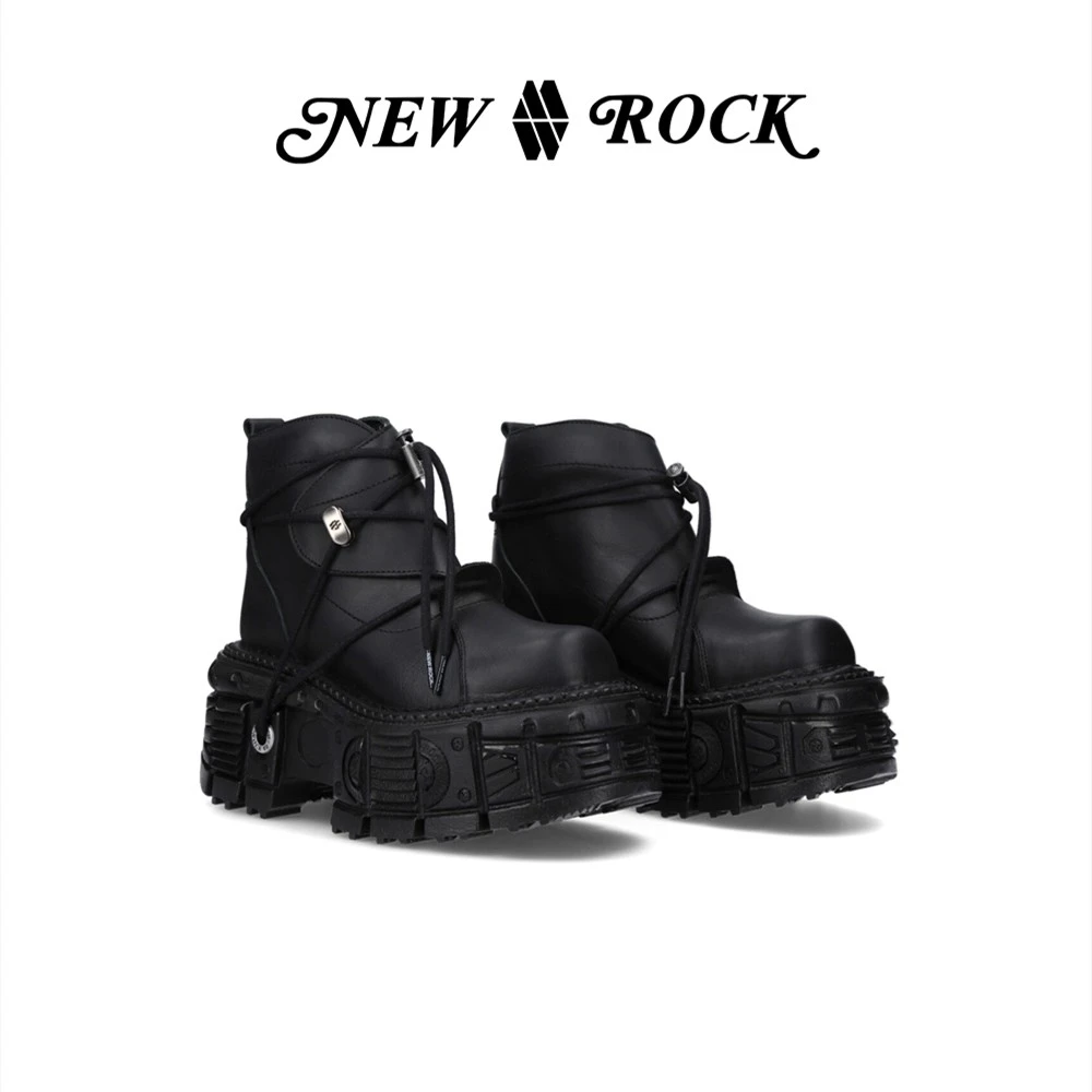 NEWROCK新款真皮定制简约系带设计暗黑朋克金属松糕厚底短靴