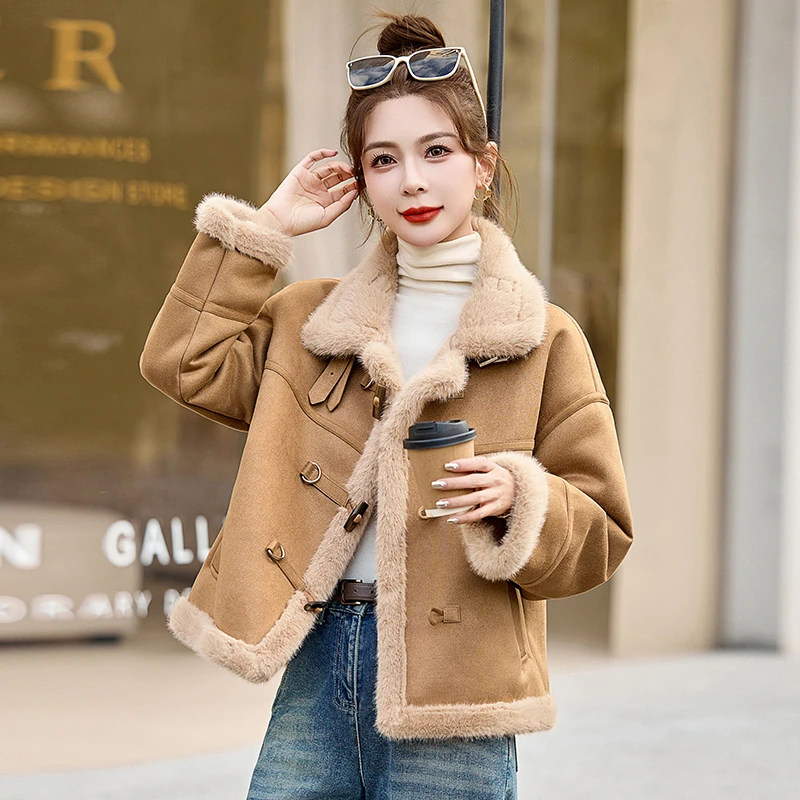 羊羔毛皮毛一体外套女冬季2025新款高级感加绒加厚保暖棉服小个子