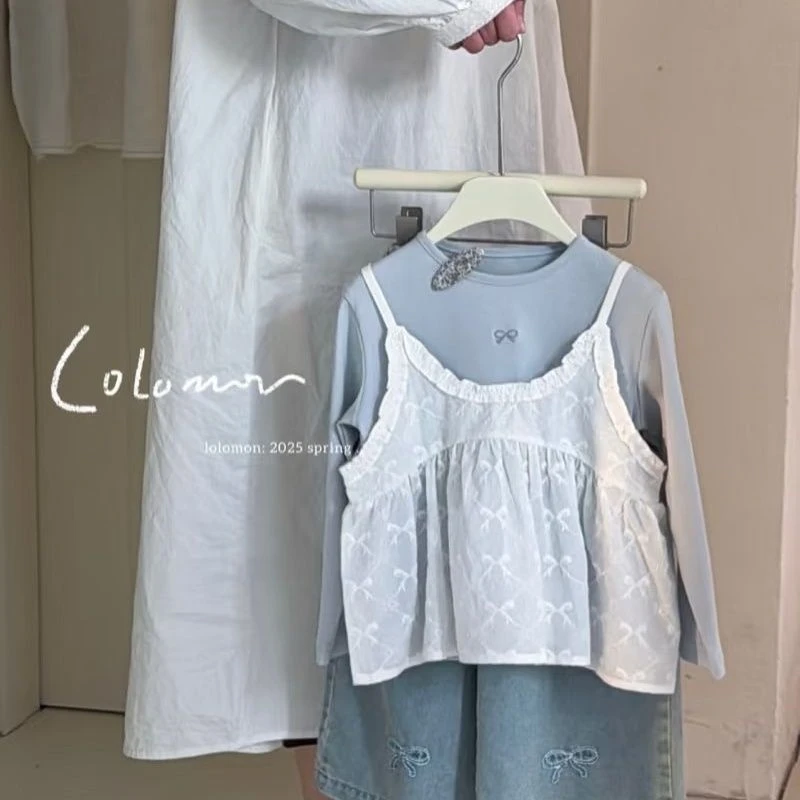 女童套装春装2025儿童甜美吊带衫棉T恤衫中小童刺绣牛仔裤