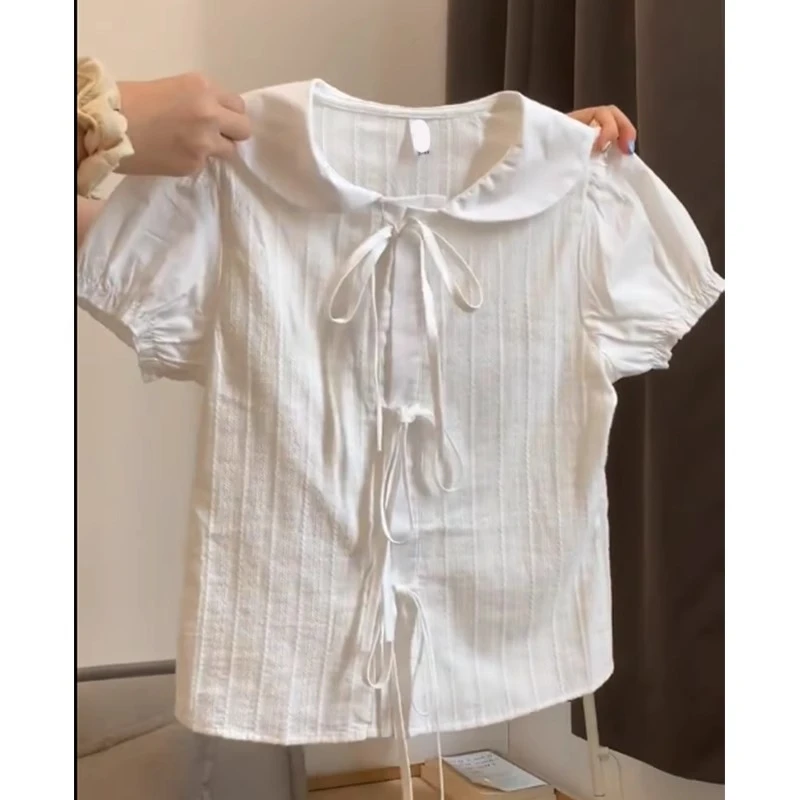 【现货】白色蝴蝶结系带娃娃领衬衫2025夏季修身时尚短袖上衣女1237
