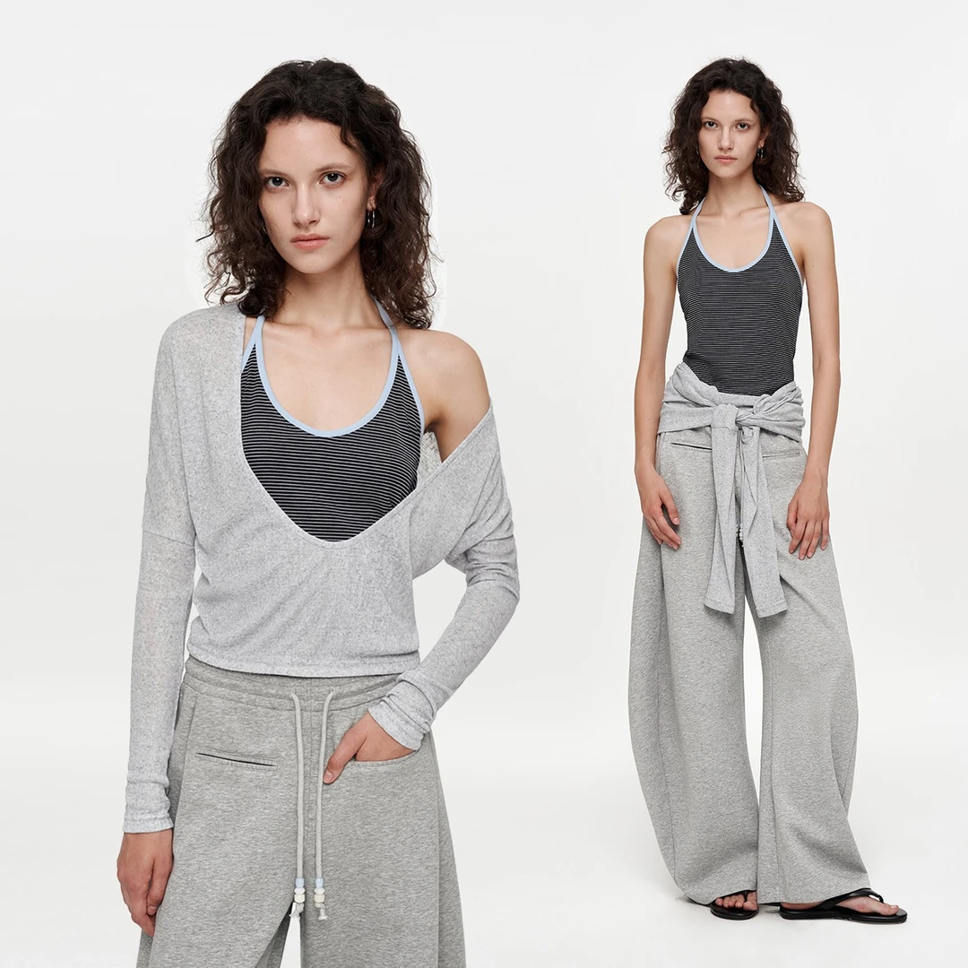 REDOLENCE 25早秋假两件三穿撞色条纹T恤女U领挂脖背心修身短上衣