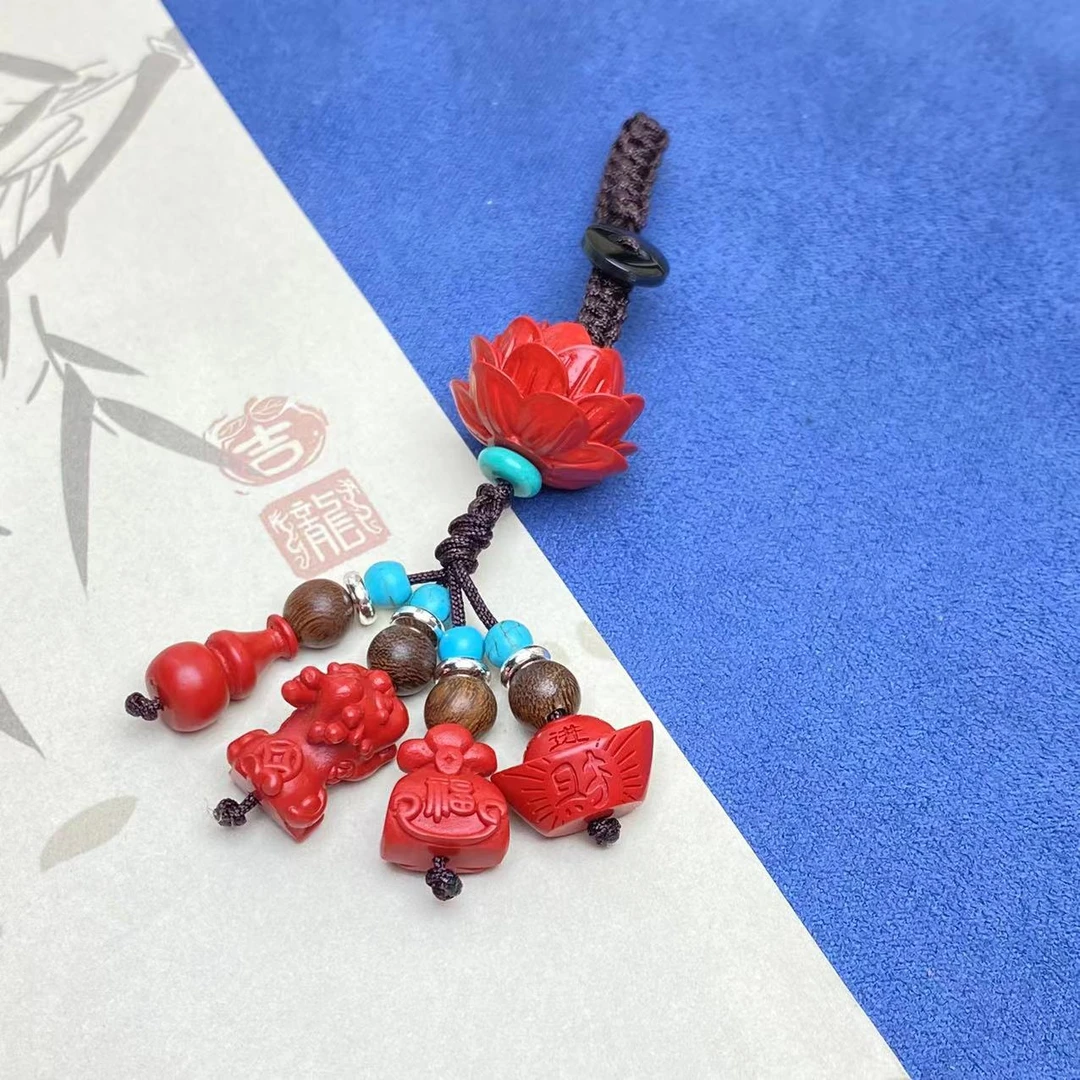 含辰砂工艺品高含量朱砂红砂设计款莲花多宝爆款钥匙扣