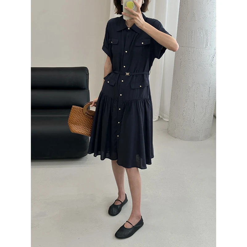 阿土秀韩系复古腰带工装连衣裙2025夏季中款高腰显瘦翻领连衣裙女