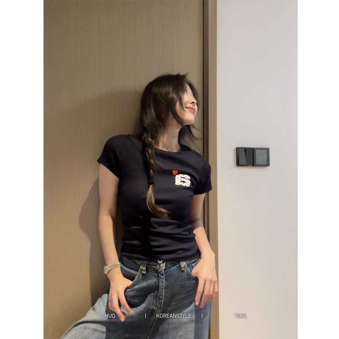 YSHUO【智系穿搭】夏季韩系波点字母显瘦t恤短款上衣女ins短袖 8927