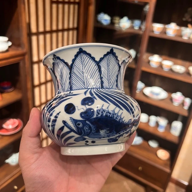 词山堂 元青花鱼藻建水 渣斗 景德镇手绘