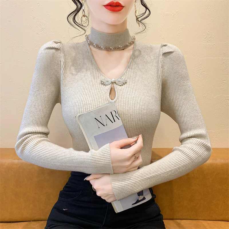 重工钉钻挂脖毛衣女2025春秋新款设计感新中式镂空打底针织衫上衣
