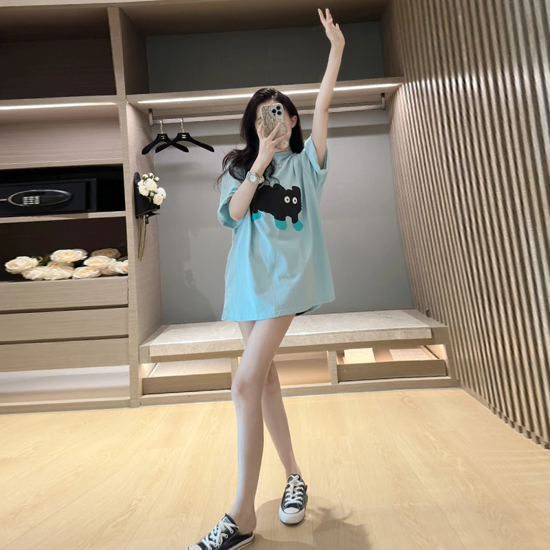 夏季短袖女款甜美可爱风格衣服时尚洋气休闲服宽松大码百搭蓝T恤