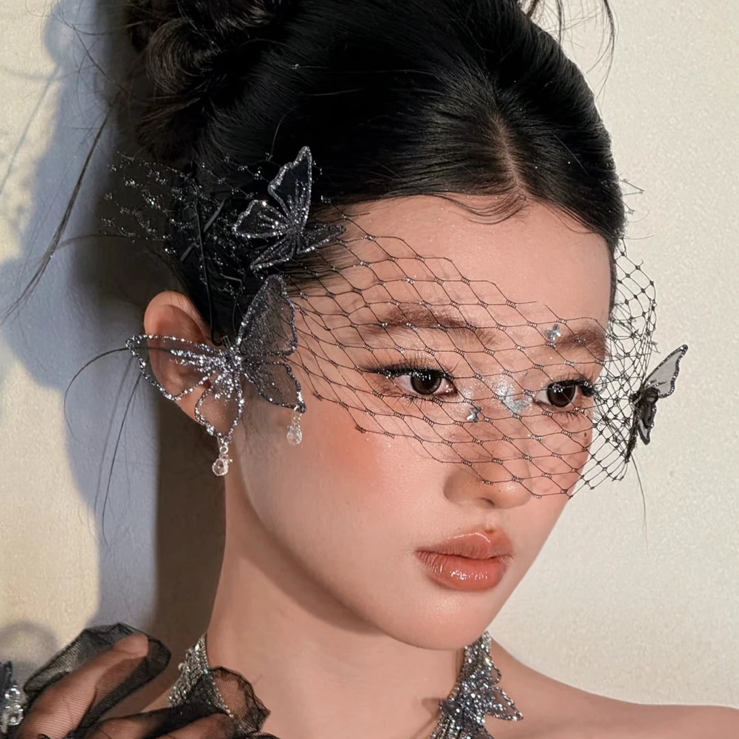 君心家 朦胧黑网纱枪黑色蝴蝶发夹新娘个性写真造型头饰