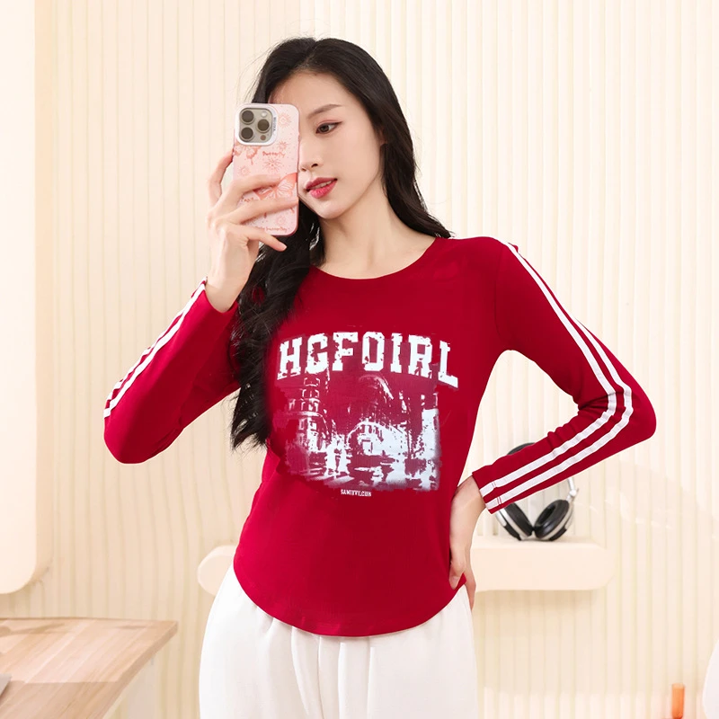 秋冬广场舞螺纹棉长袖上衣女士舞蹈服运动健身休闲百搭衣印花T恤