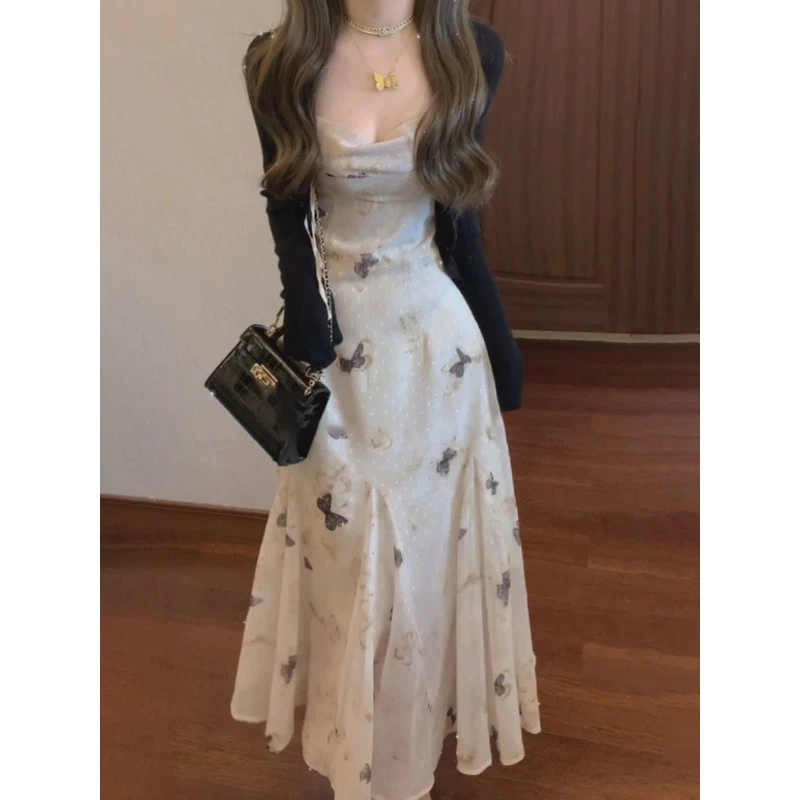 南法吊带连衣裙 设计感蝴蝶印花情书女气质时髦长裙夏新款