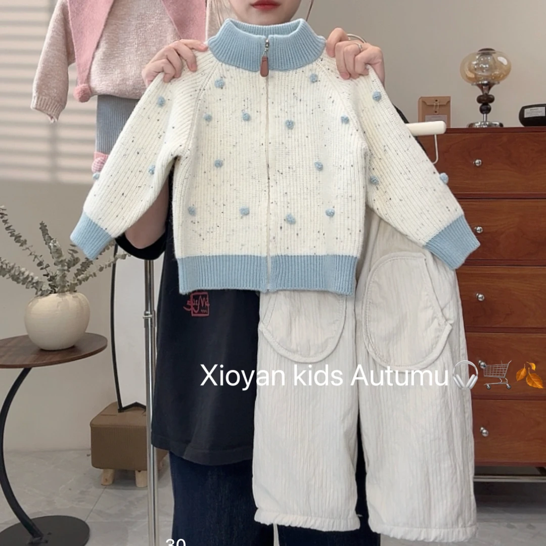 小言-2025秋冬季新款韩版女童拉链毛衣开衫外套百搭休闲裤套装