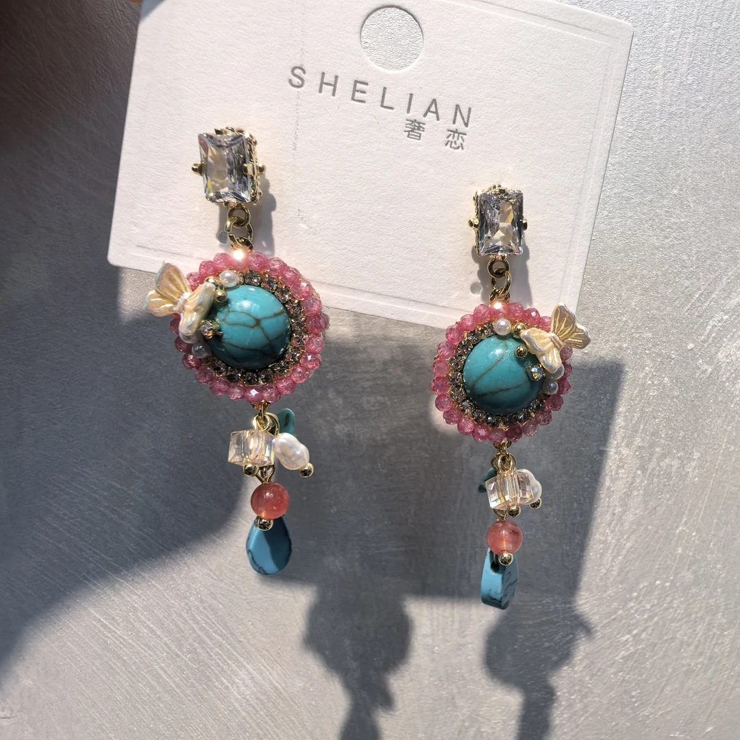 C623蓝色流苏蝴蝶闪闪耳钉耳饰