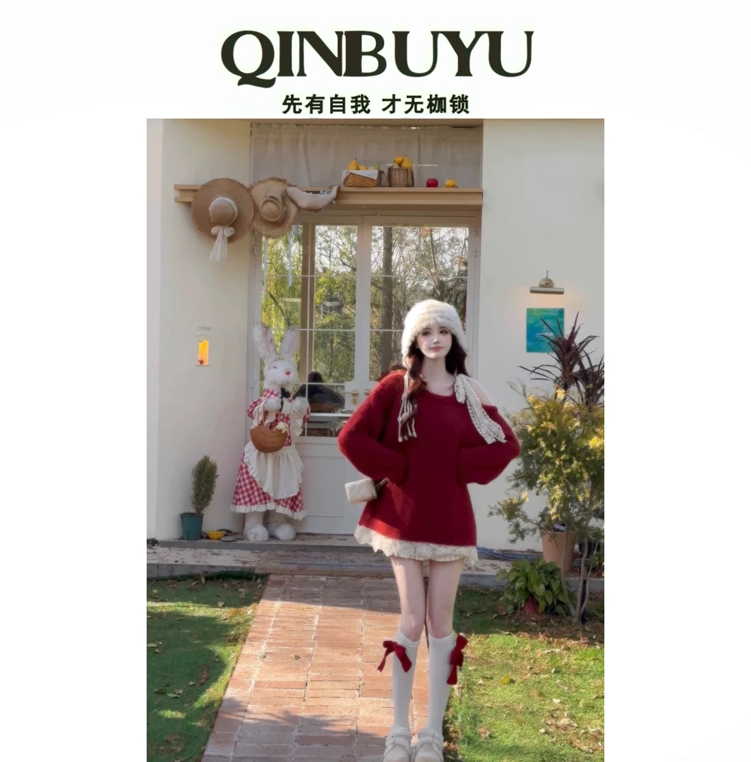 【少女心愿】网红秋冬甜美宽松毛衣女新年上衣女韩版加厚百搭圣诞