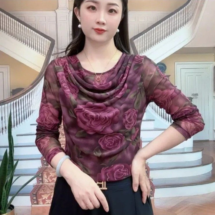 时尚堆堆领长袖女士上衣气质显瘦T恤衫2025秋季J复古印花优雅女装