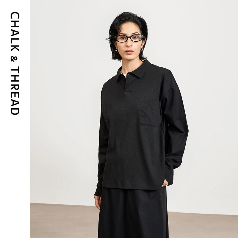 CHALK&THREAD宽松廓形直身小开叉长袖柔软透气棉质针织POLO领卫衣