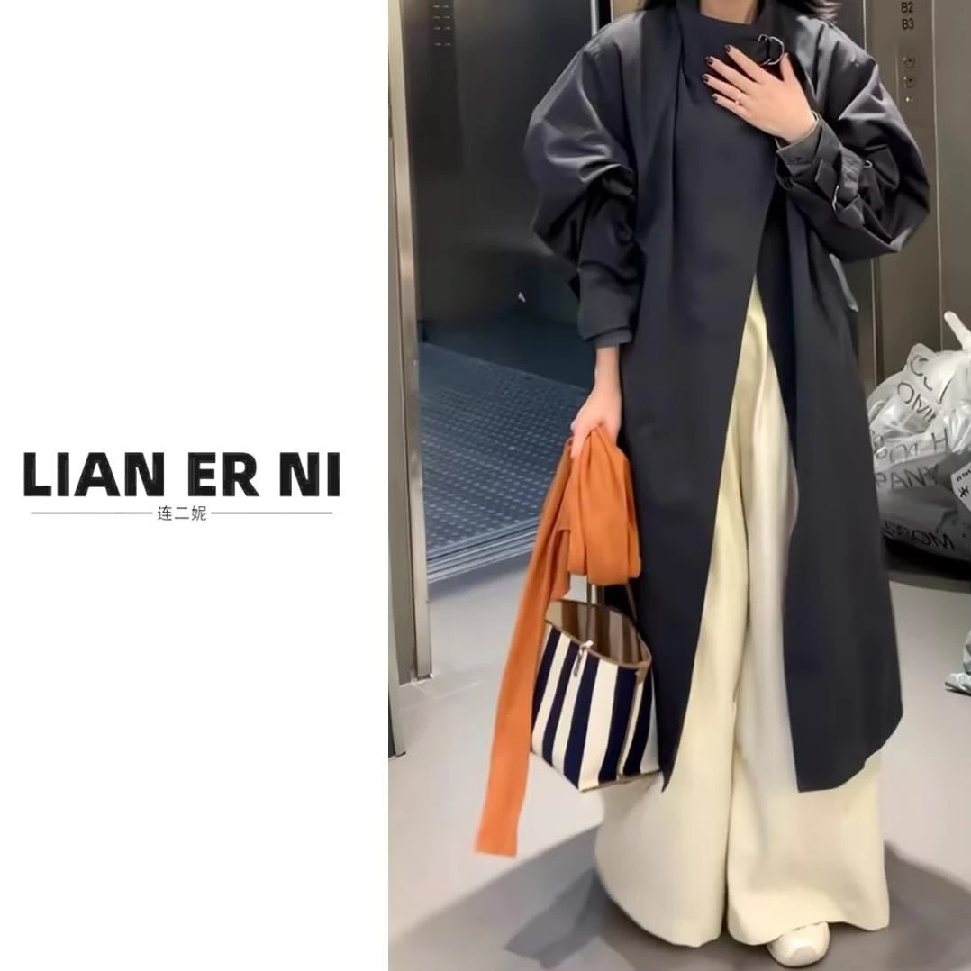 999 韩版时尚设计感中长小众气质立领斜门襟风衣外套女-衣长103