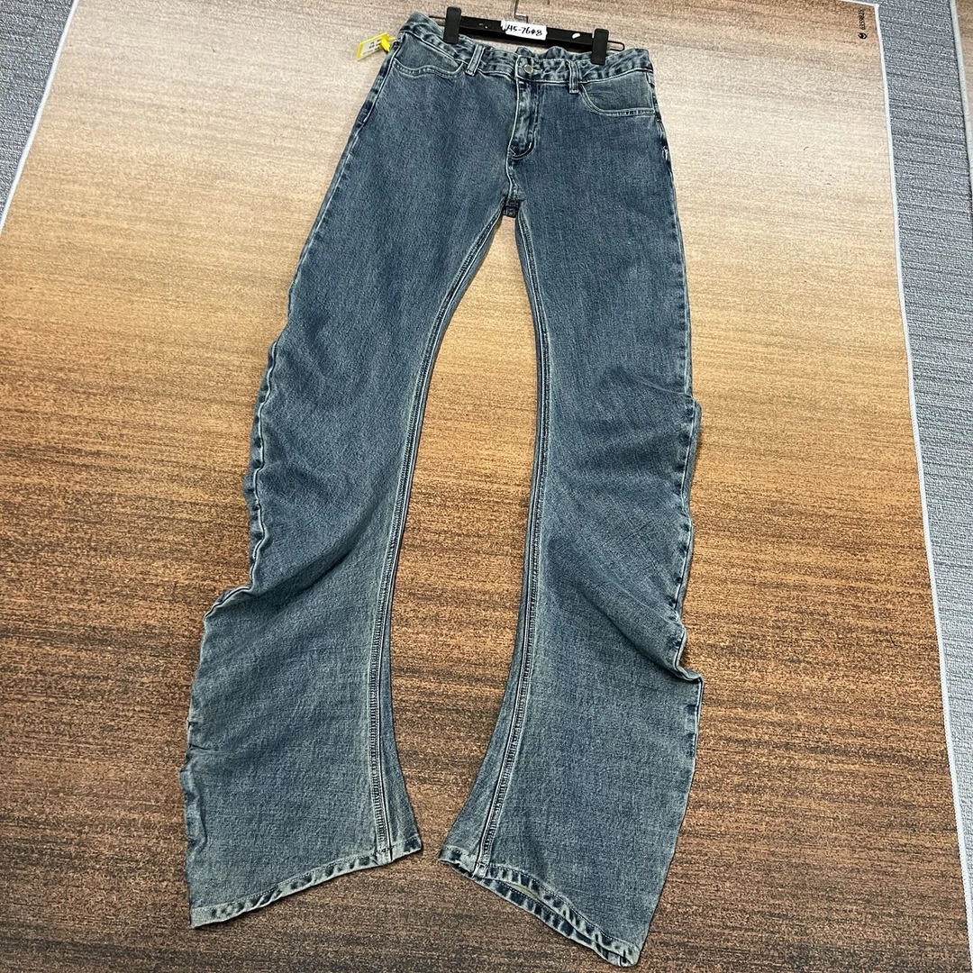 H5-7648 蓝色超长立体裁剪美式酷酷中腰弯刀喇叭裤 高弹（不换退）