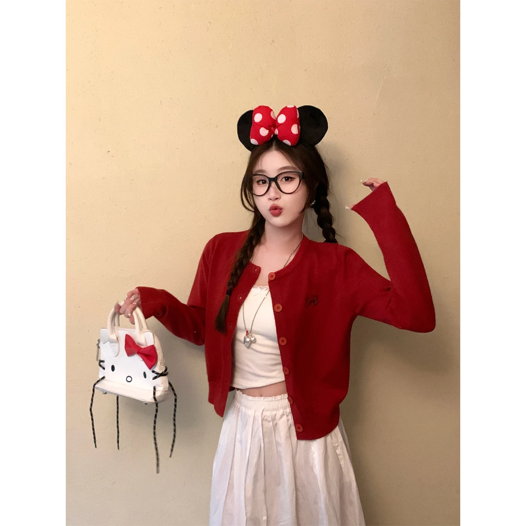 红色针织开衫外套女2025新款秋季穿搭高级感外搭毛衣韩系早秋上衣