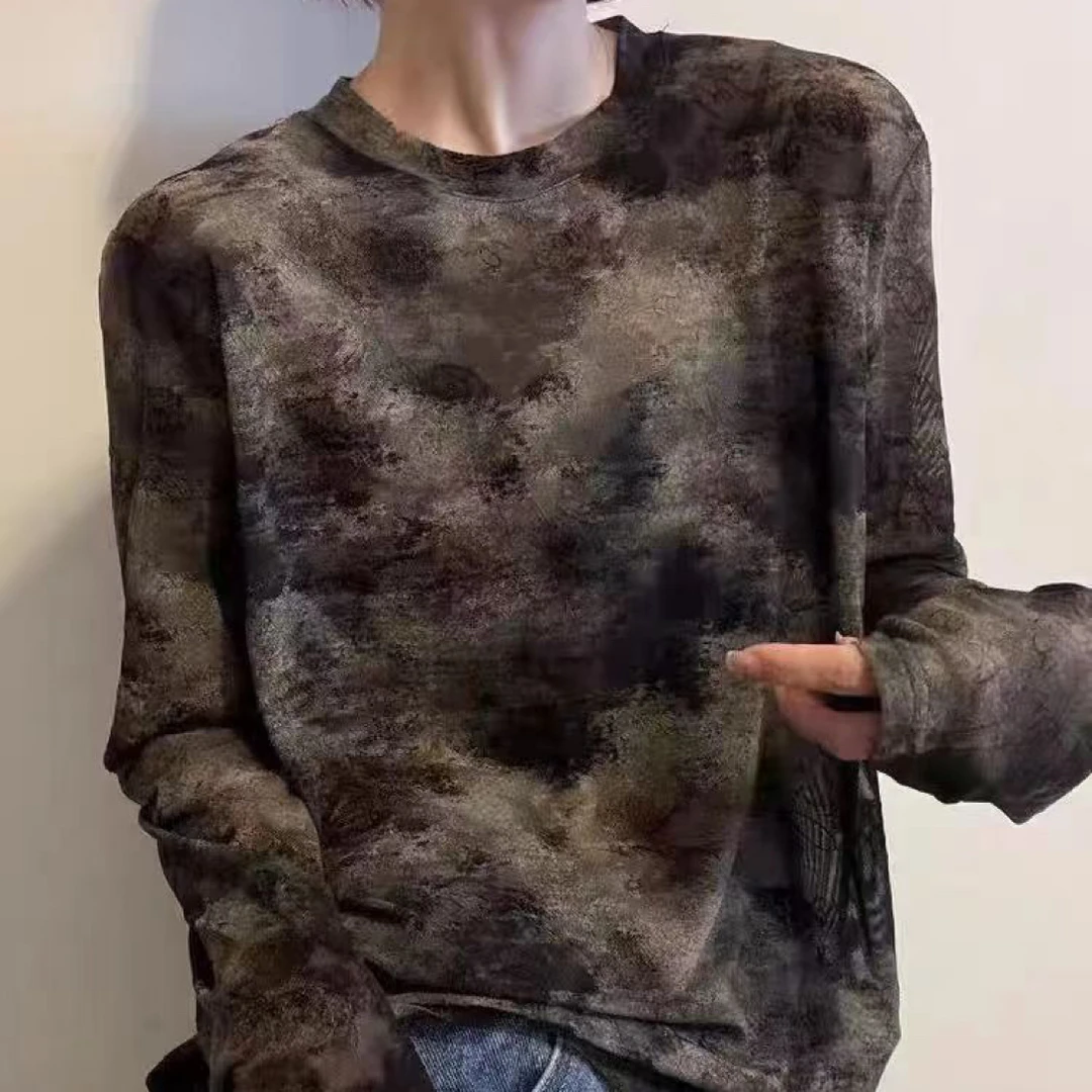 欧货晕染长袖T恤女2025秋季新款圆领显瘦时尚休闲罩衫薄款上衣潮
