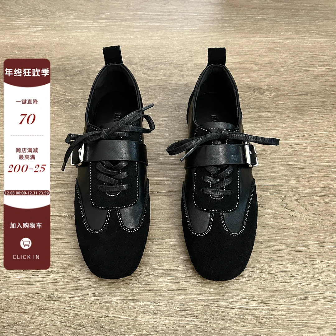 Dannyfrey方头平跟德训鞋女新款秋季内增高小猪鼻子潮酷小众单鞋