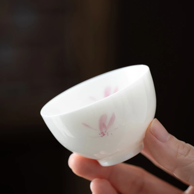 白瓷釉上彩兰花茶杯功夫茶具精致高端家用喝茶品茗杯单个主人杯女
