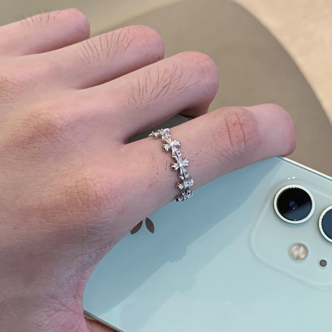 925银莫桑石戒指 十字花戒指男女简约小众设计男款小拇指开口