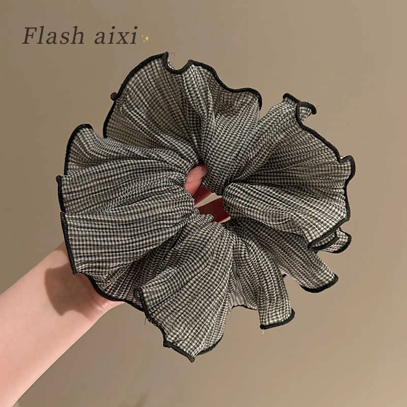 高级感复古格纹荷叶边大肠发圈女扎头发皮筋丸子头发饰头绳发绳