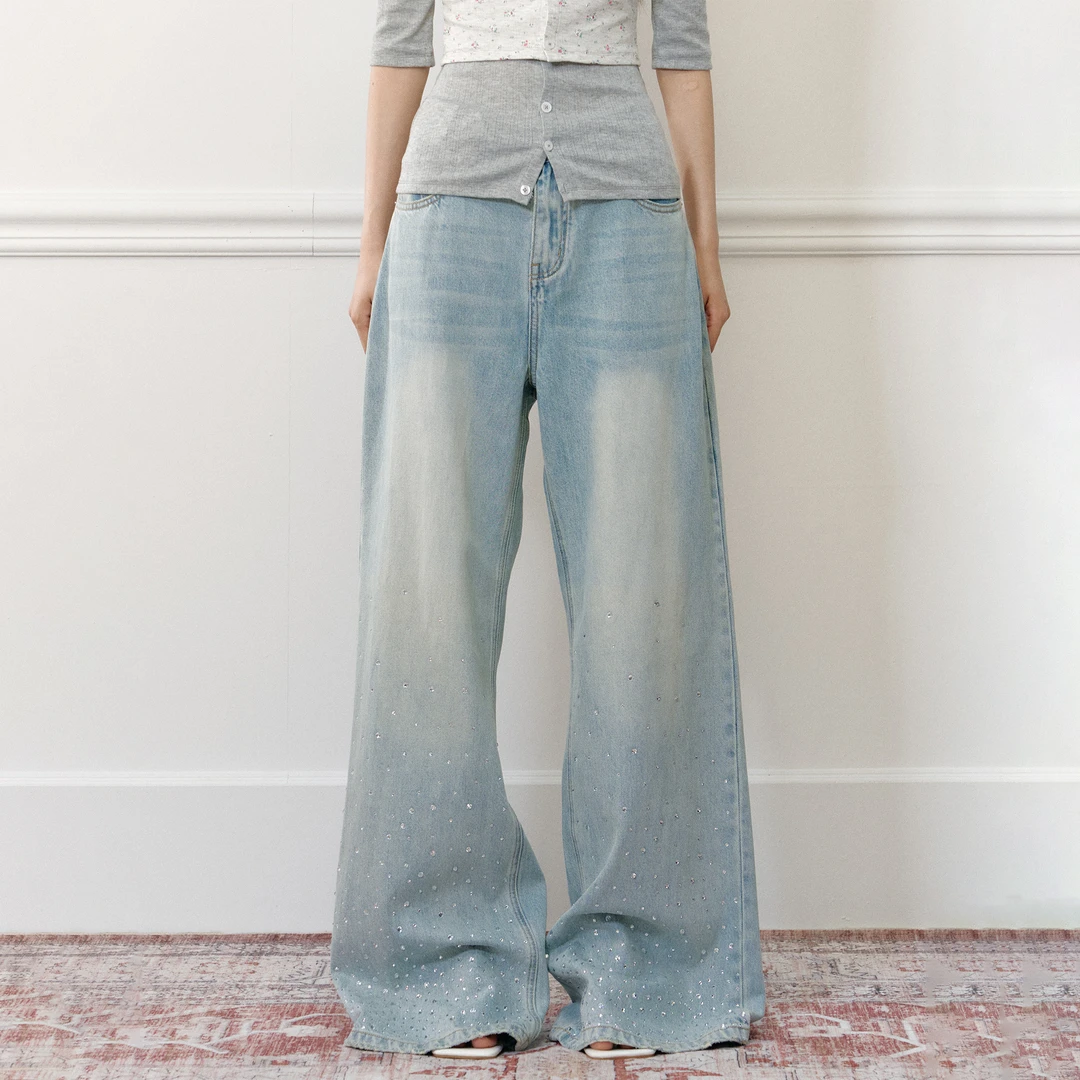 AGAM STUDIO 浅色水洗裤脚烫钻牛仔裤 小众休闲宽松阔腿裤