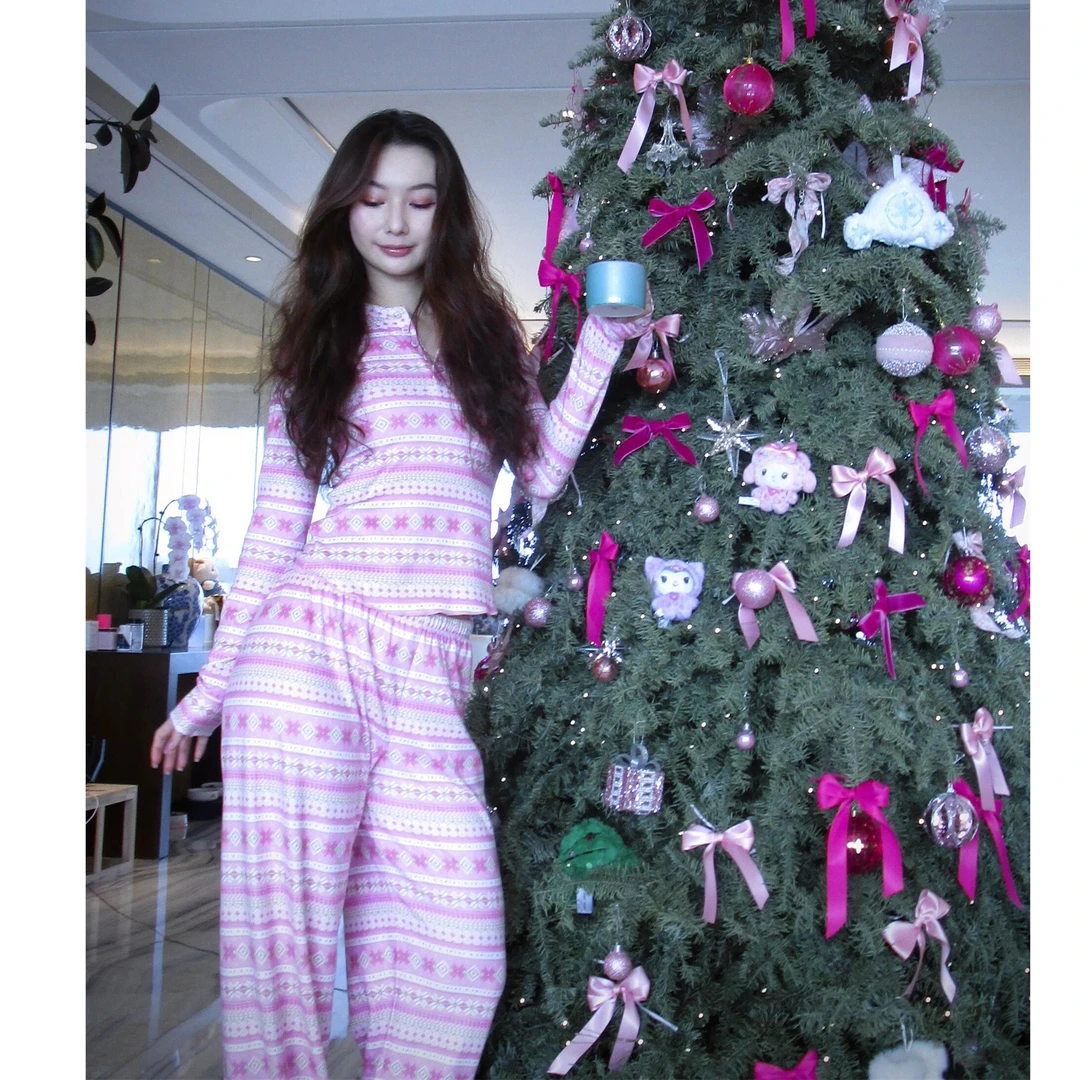 粉嫩韩版甜美条纹睡衣女款爆款2025新款春秋款长袖长裤家居服套装