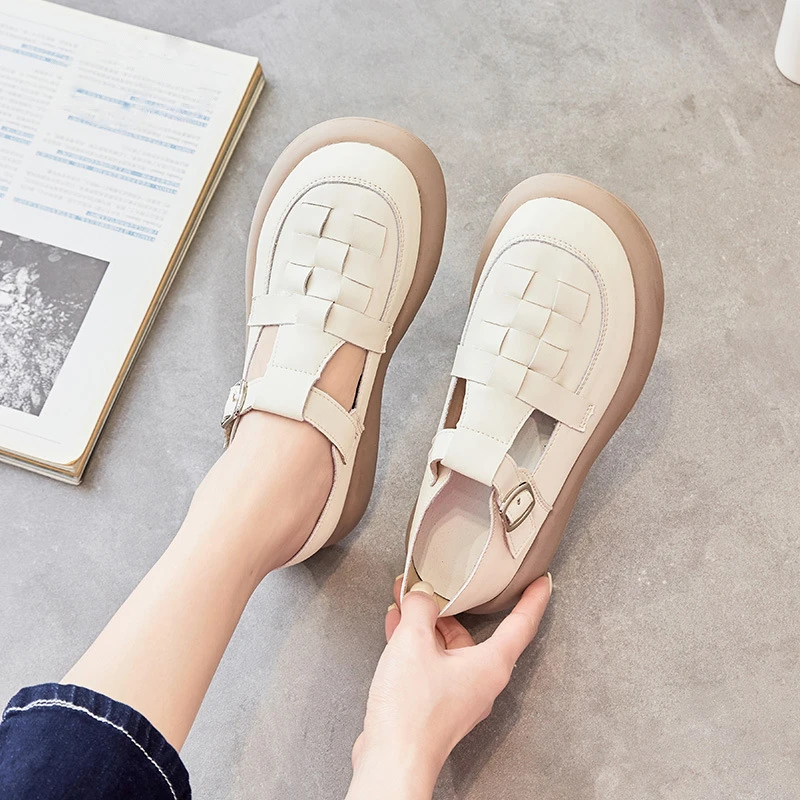 罗马编织单鞋女2025早秋软底镂空皮鞋中年妈妈鞋平底舒适单鞋百搭