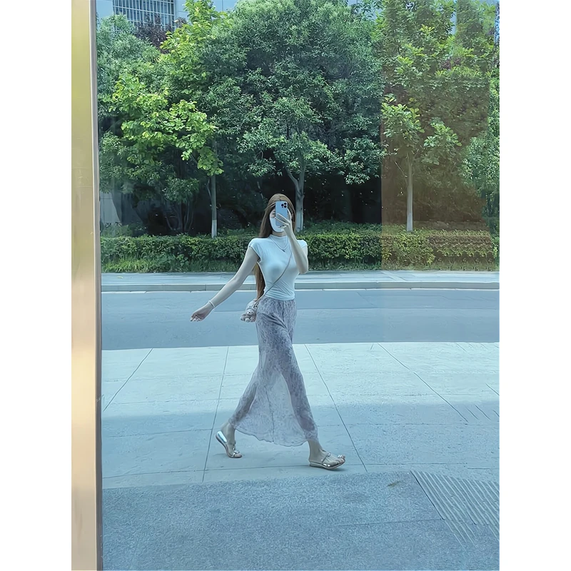 半高领短袖针织衫薄款内搭背心坎肩上衣碎花半身裙高腰显瘦包臀裙