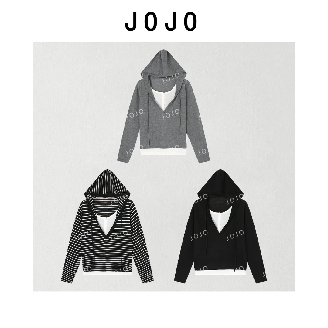 玖了个玖 2025早秋 极简假两件拼接百搭连帽薄款长袖T恤2508C4588