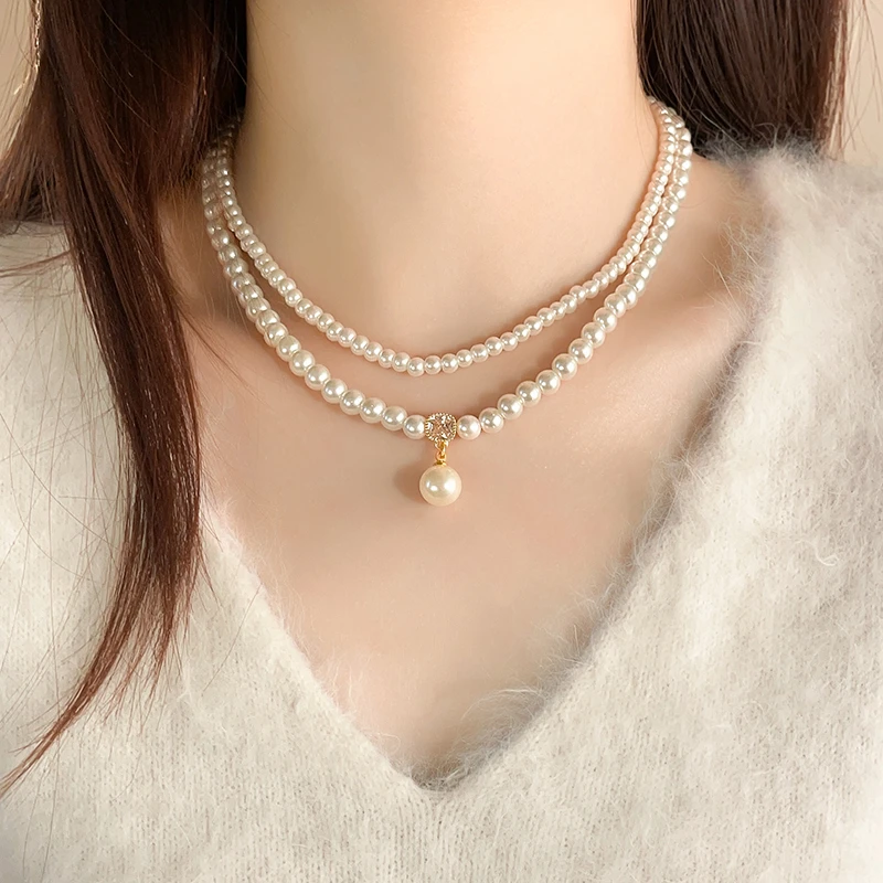 合金锆石吊坠 双层叠戴项链女款2025爆新款轻奢锁骨链高级感颈链