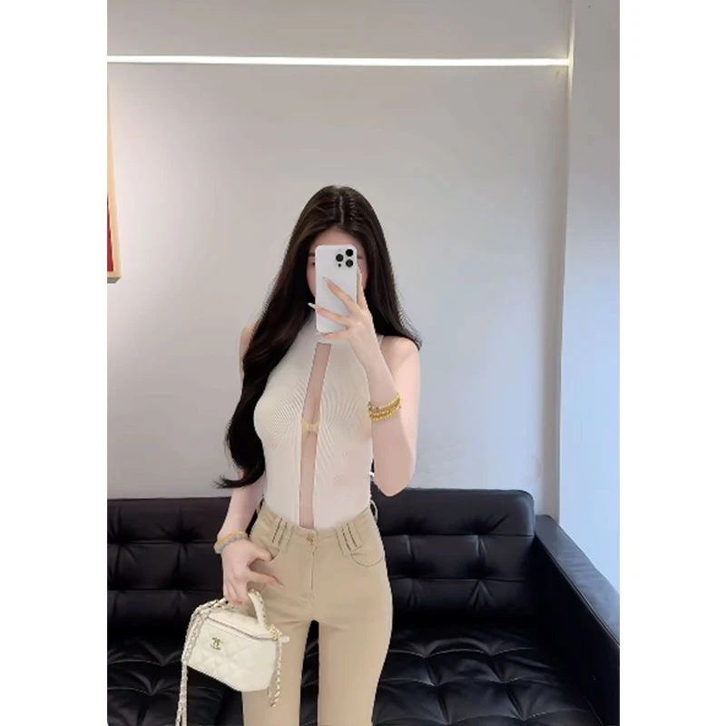 夏日绝美巨好看设计感修身针织无袖性感背心上衣修身显瘦长裤套装