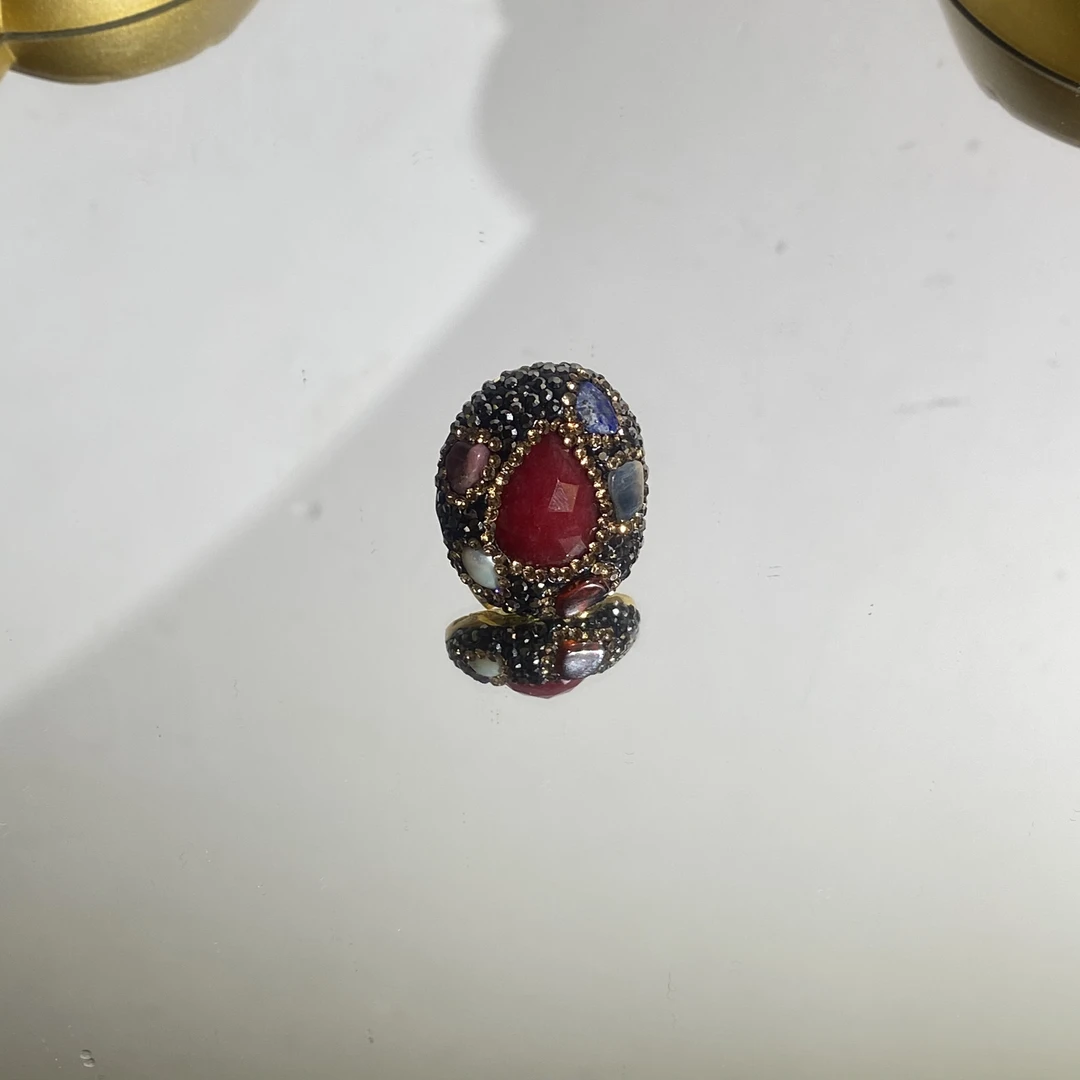 铜合金合成锆石戒指 TTSD 红色水滴椭圆复古镶嵌戒指 1352