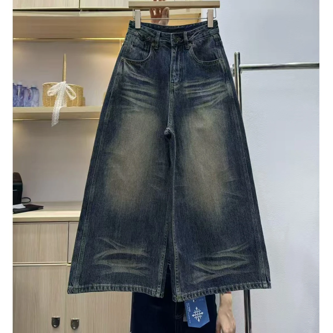 韩国2025夏新款前后褶皱牛仔八分裤韩版宽松高腰中裤八分牛仔裤