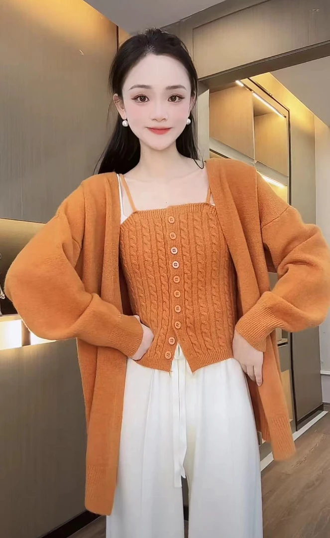 【秀宝女装】慵懒风毛衣开衫外套+背心吊带XB3997