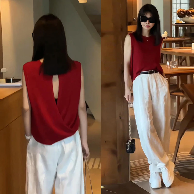 2025年夏季红色小众设计感上衣白色阔腿裤微胖显瘦气质穿搭两件套