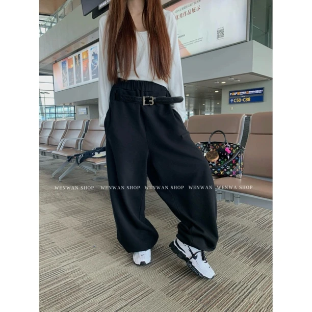 【男友裤】黑色松紧腰腰带设计款束脚百搭休闲裤