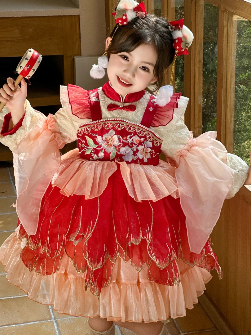 【3382】拜年服汉服女童冬儿童古风超仙连衣裙女孩红色喜庆过年服