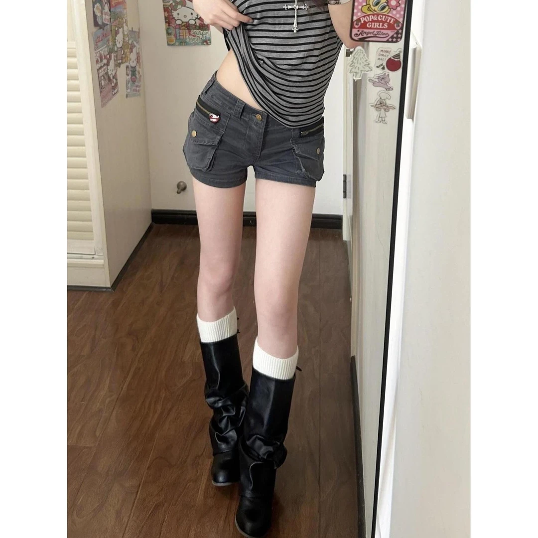 美式vibe大码水洗重工工装口袋牛仔短裤女辣妹修身显瘦阔腿热裤子