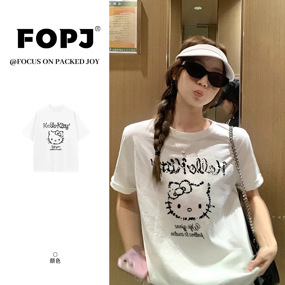 FOPJ夏季新款卡通kitty印花短袖t恤女慵懒风穿搭宽松显瘦辣妹上衣