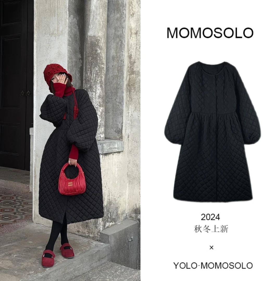 MOMOSOLO•小魔女•2025s韩系棉服连衣裙韩版复古黑色加厚潮服YM812