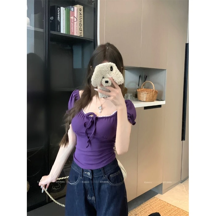 法式紫色蕾丝方领花苞袖T恤女夏季设计感系带绝美短款一字肩上衣