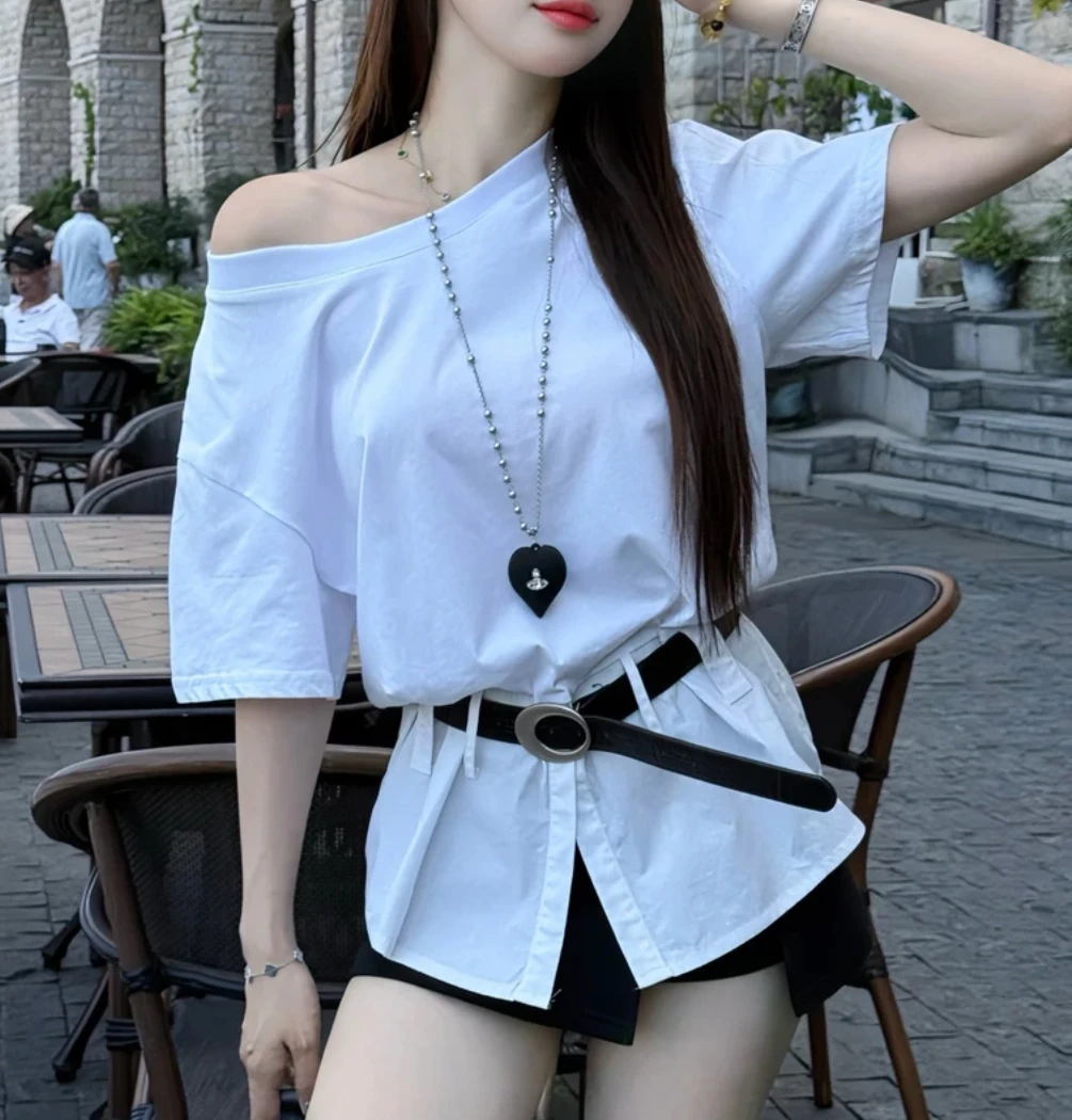 设计感辣妹风时尚修身短袖+高腰裤牛仔裙套装夏季