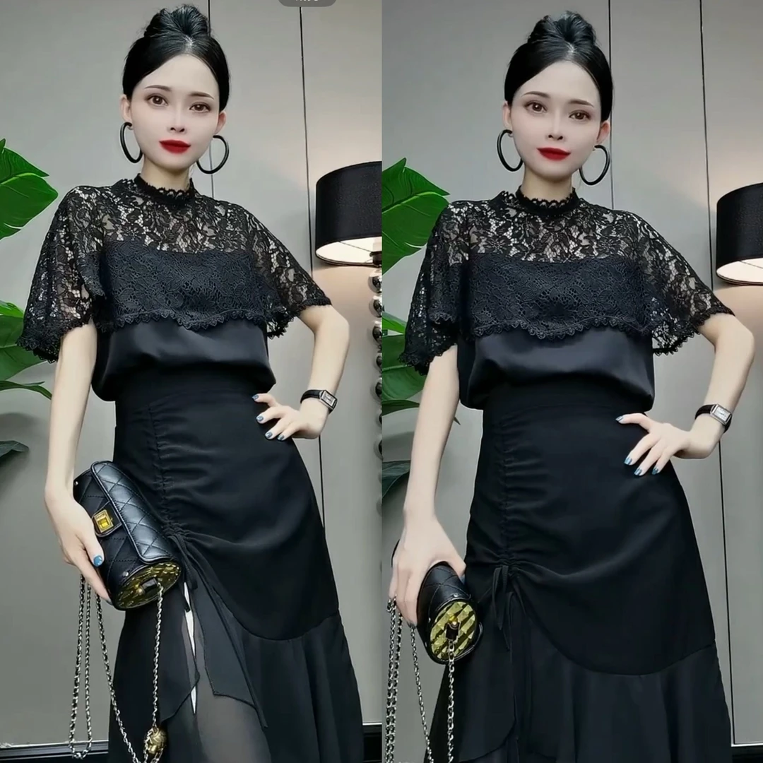 8071#HY夏季新款法式气质蕾丝拼接衫女装设计感镂空修身显瘦上衣