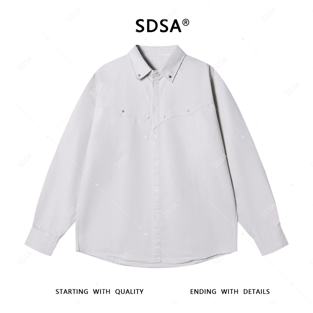 SDSA男士2025新款轻奢痞帅男装纯色铆钉设计翻领长袖衬衫简约慵懒