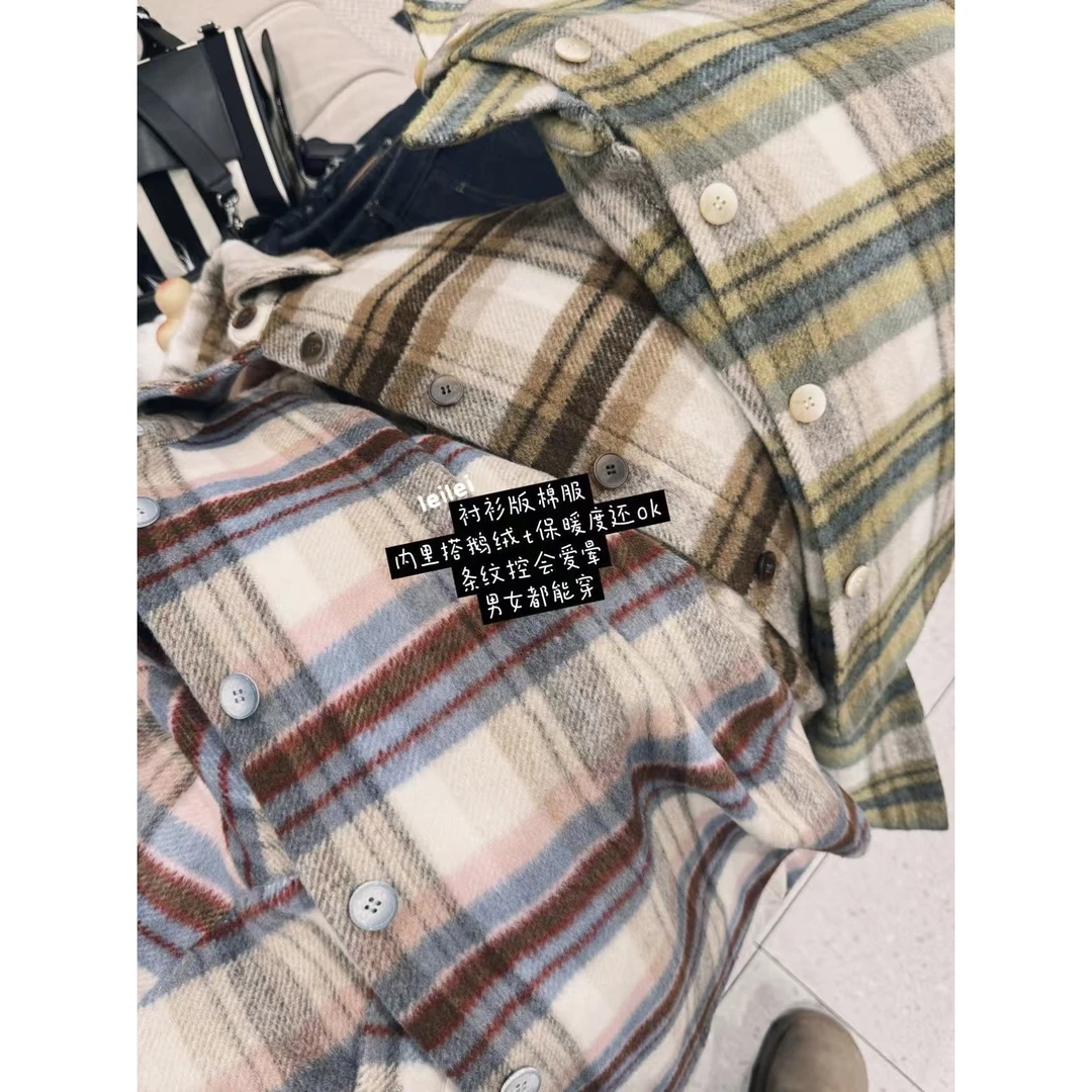 晶咕【自由诗集】冬季复古撞色格纹polo领夹棉衬衫外套