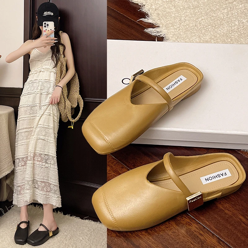 春夏新女方头金属扣简约前包后空半拖休闲单鞋风拖凉鞋t拖鞋2382